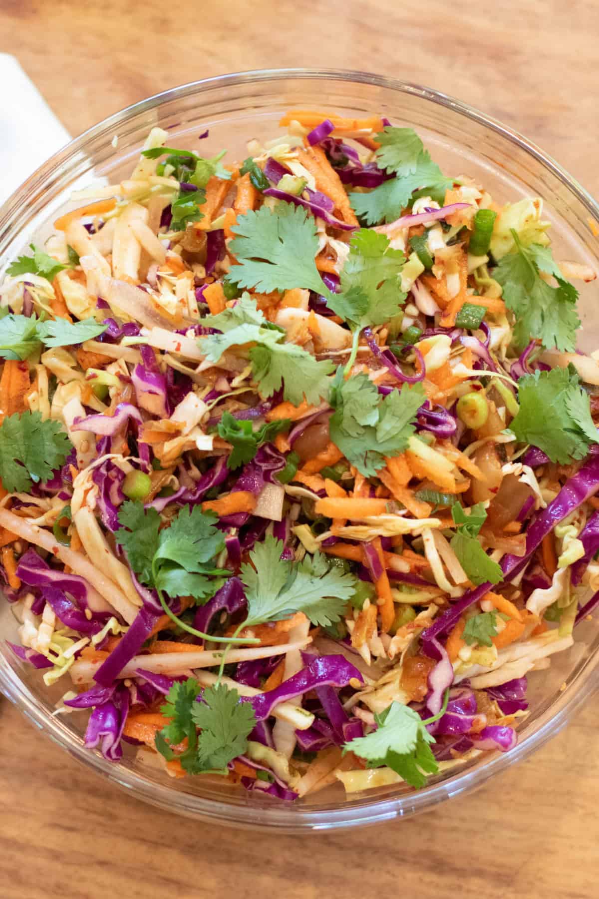 an overhead of a bowl of slaw with cilantro.