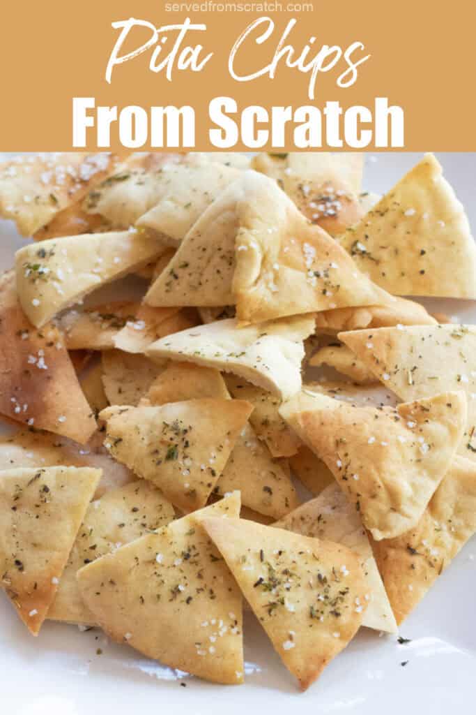 a plate of baked crispy seasoned pita chips with Pinterest pin text.