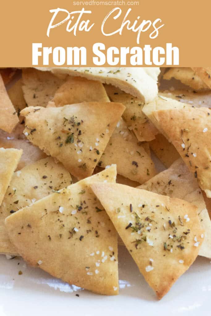 a plate of baked crispy seasoned pita chips with Pinterest pin text.