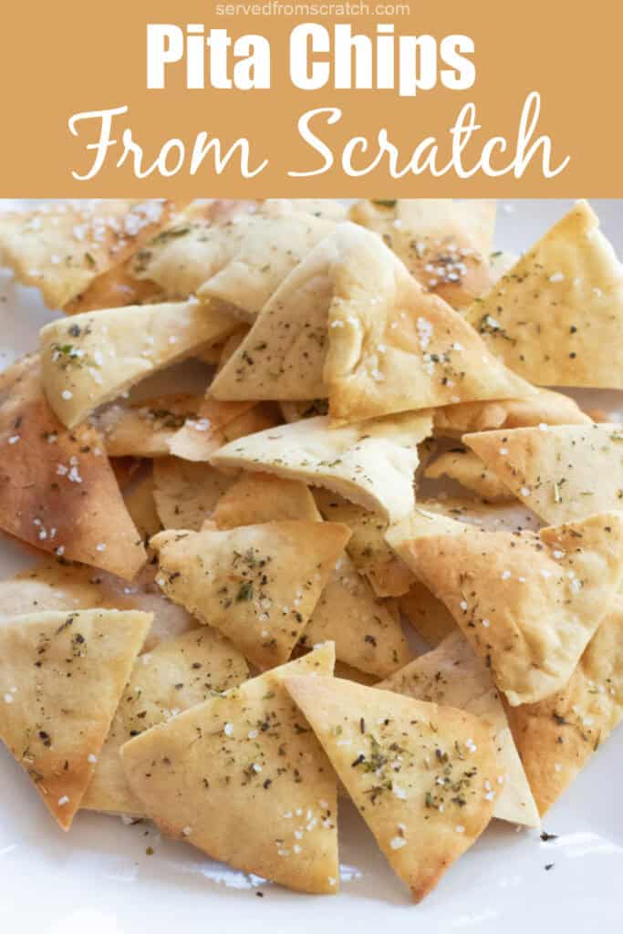 a plate of baked crispy seasoned pita chips with Pinterest pin text.