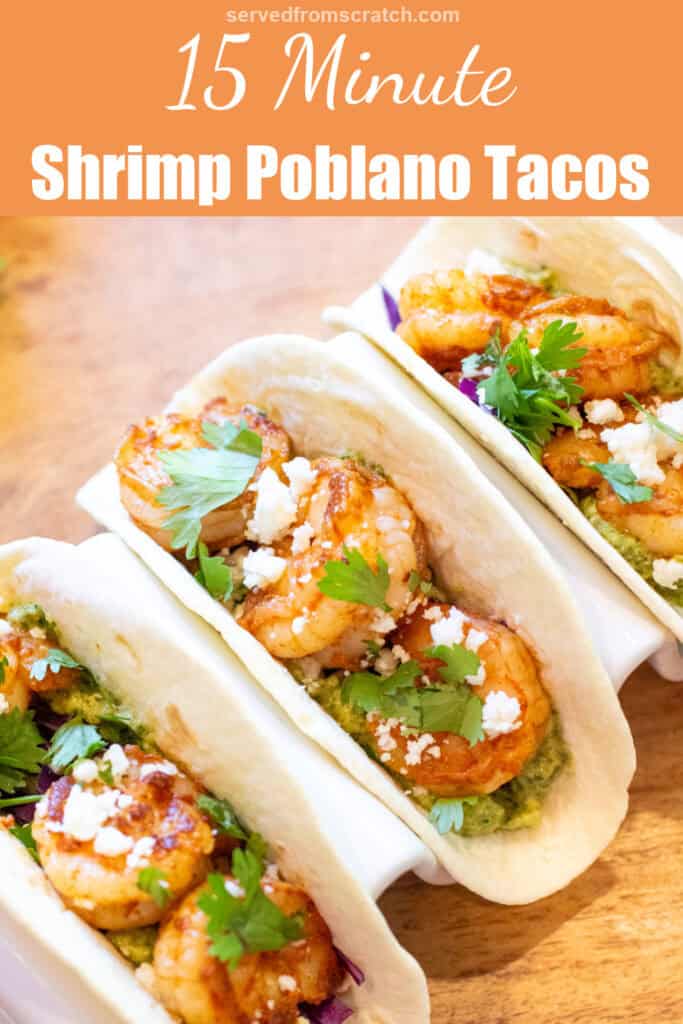Pinterest pin text, and a holder with three shrimp tacos.
