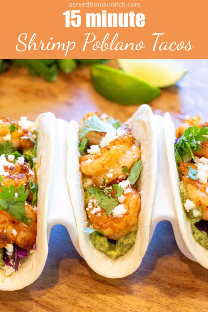 Pinterest pin text, and a holder with three shrimp tacos.