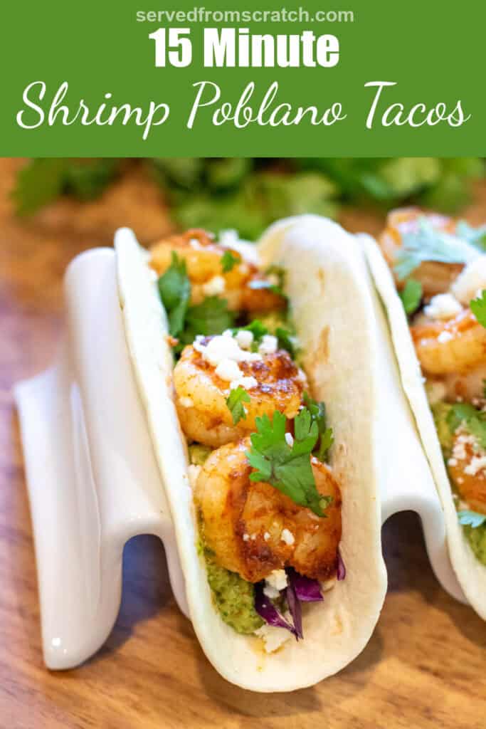 Pinterest pin text and a holder with two shrimp tacos.