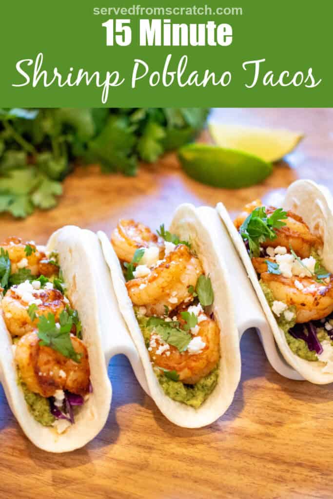 Pinterest pin text, and a holder with three shrimp tacos.