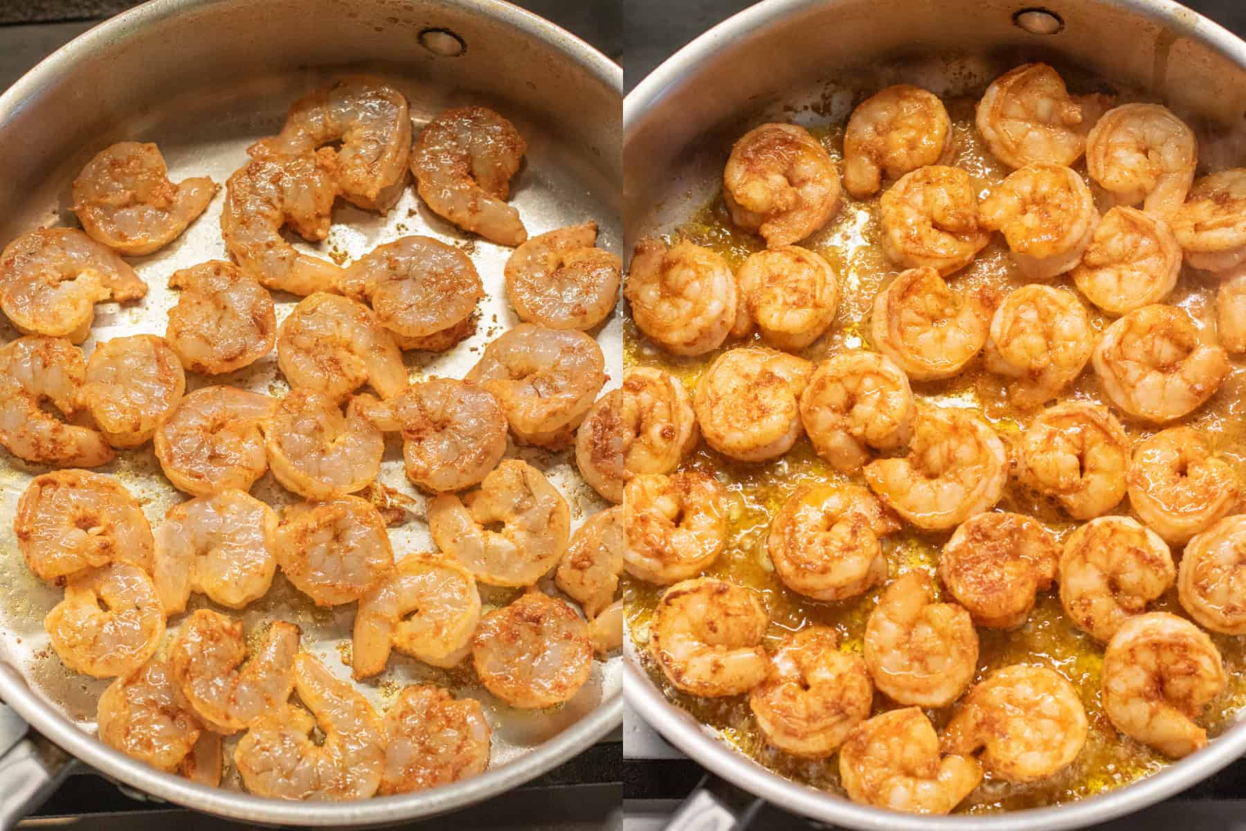 two pans of shrimp, one raw and one cooked.