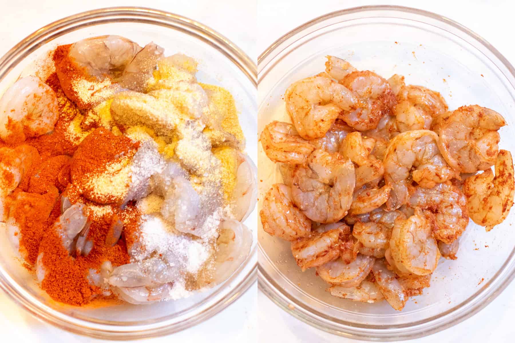 two bowls, one with raw shrimp and spices and then it all mixed together.