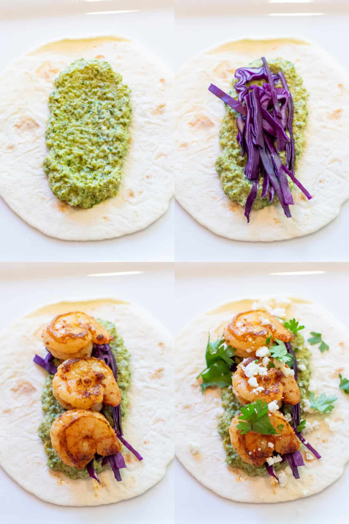 4 pictures of tortillas, one with poblano sauce, one with sauce topped with cabbage, one with it all topped with cooked shrimp, and the last one with cotija and cilantro.