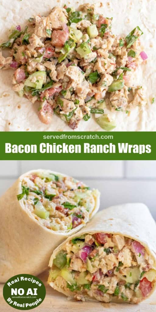 chopped chicken salad on a tortilla and then it all wrapped up in a sandwich wrap and cut in half with Pinterest pin text with NO AI sticker.