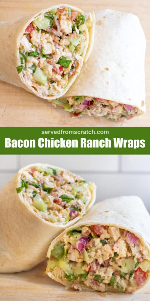 a halved sandwich wrap stuffed with greens and chicken and bacon with Pinterest pin text.