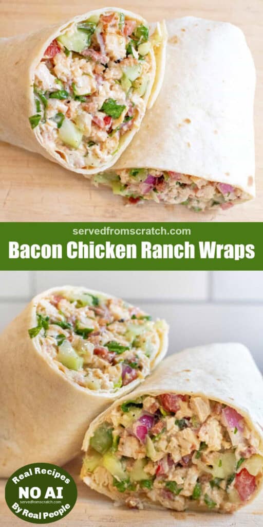 a halved sandwich wrap stuffed with greens and chicken and bacon with Pinterest pin text with NO AI sticker.