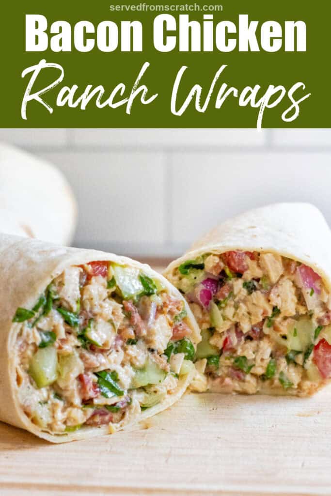 a halved sandwich wrap stuffed with greens and chicken and bacon with Pinterest pin text.