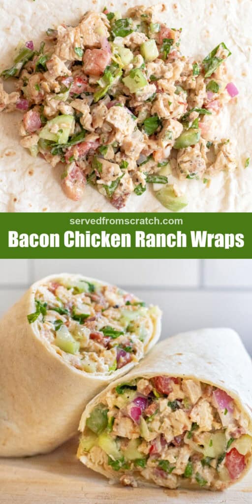 chopped chicken salad on a tortilla and then it all wrapped up in a sandwich wrap and cut in half with Pinterest pin text.