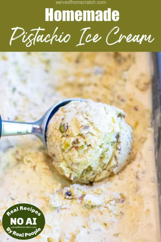 a scoop of pistachio ice cream and Pinterest pin text with NO AI sticker.