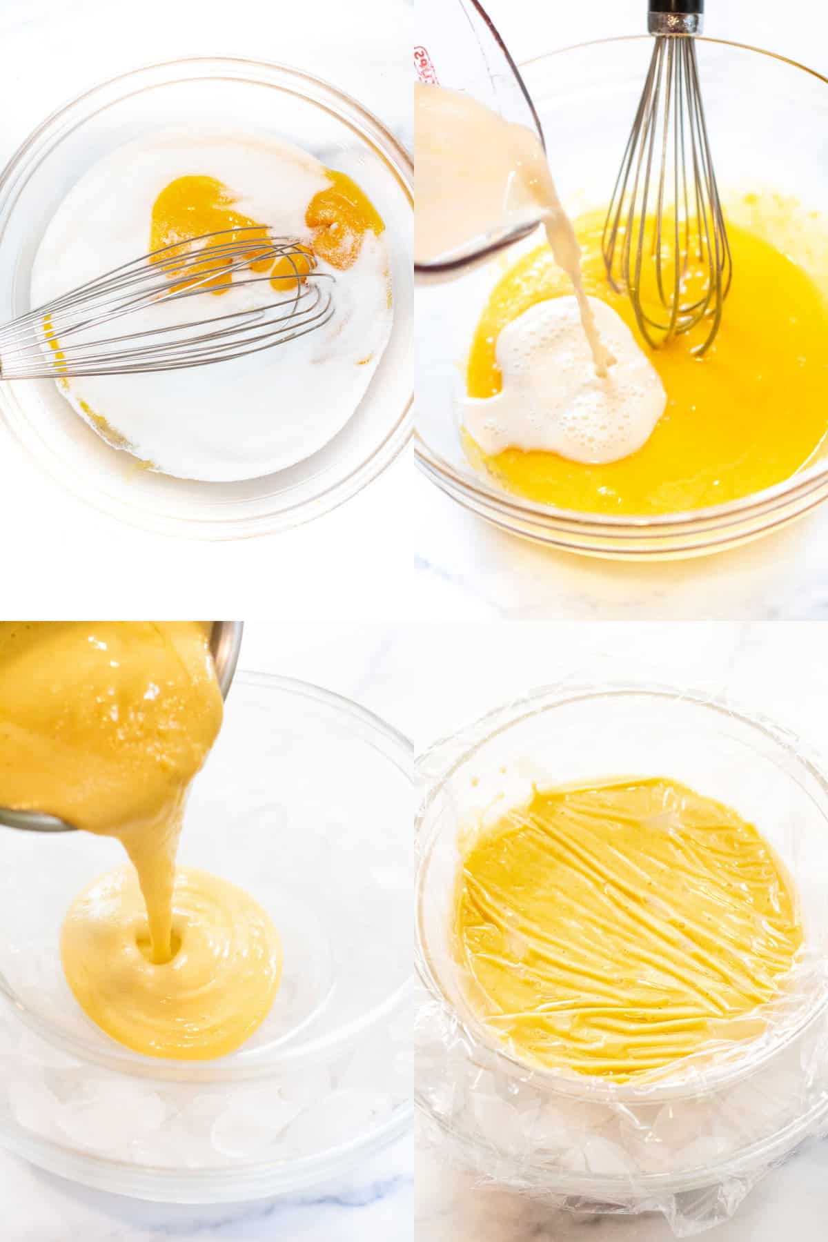 4 pictures, one with yolks and sugars and a whisk, with the eggs and sugar mixed and milk being poured in, then a thick custard being poured into a bowl in a bowl of ice, and plastic wrap over the top of it. 