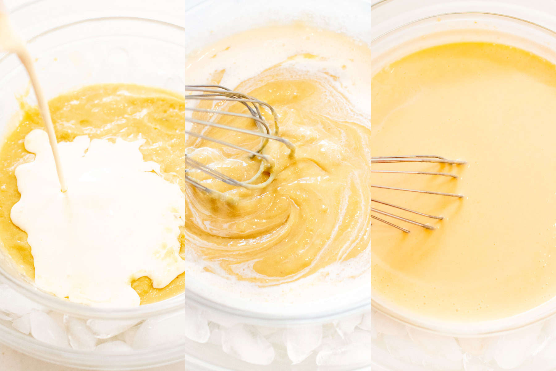 3 pictures of bowls the first with cream being added to a custard, then second with the cream being whisked into custard, and then 3 the final custard mixed with the cream.