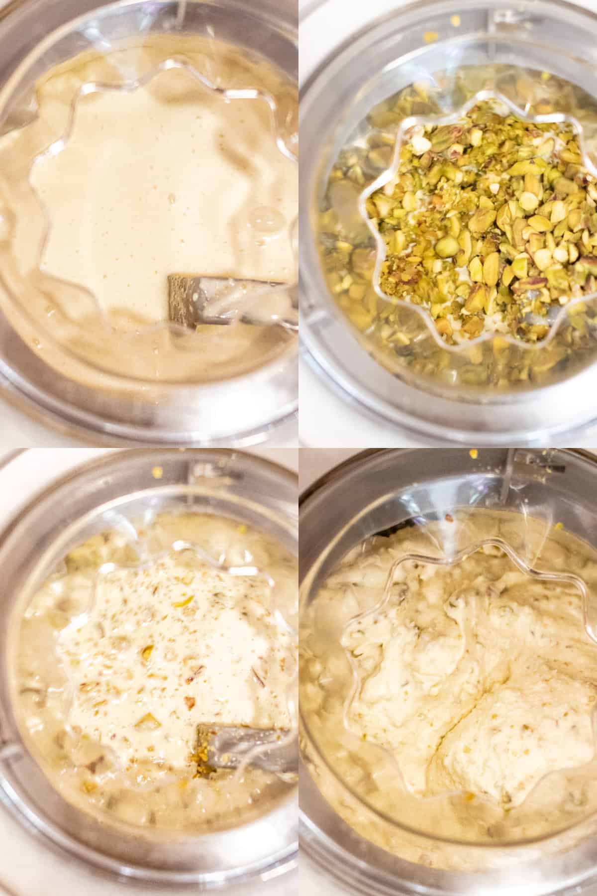 4 pictures of the top of an ice cream maker, one with creamy custard, one with pistachios added, then it all mixed together, and finally it mixed and creamy.