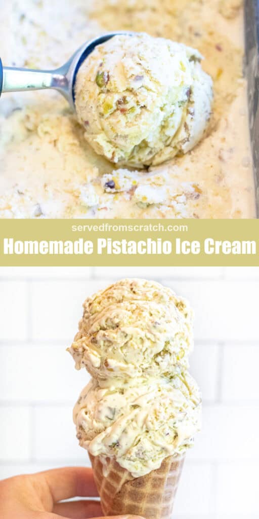 a scoop of ice cream Pinterest pin text, and a hand holding an ice cream cone of pistachio ice cream.