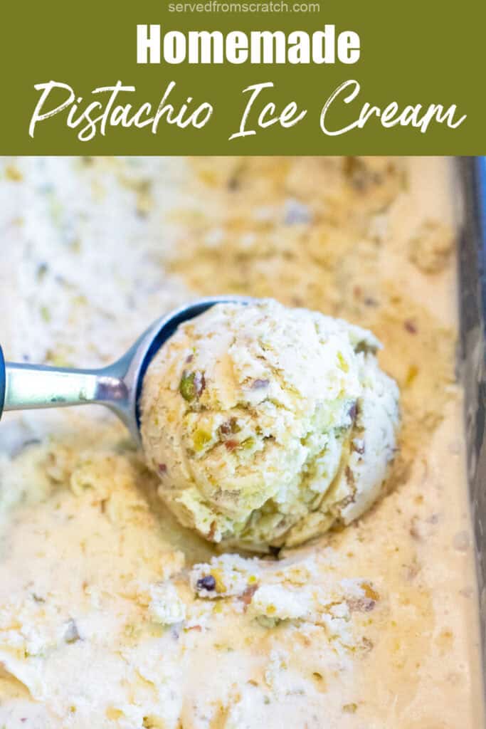 a scoop of pistachio ice cream and Pinterest pin text.