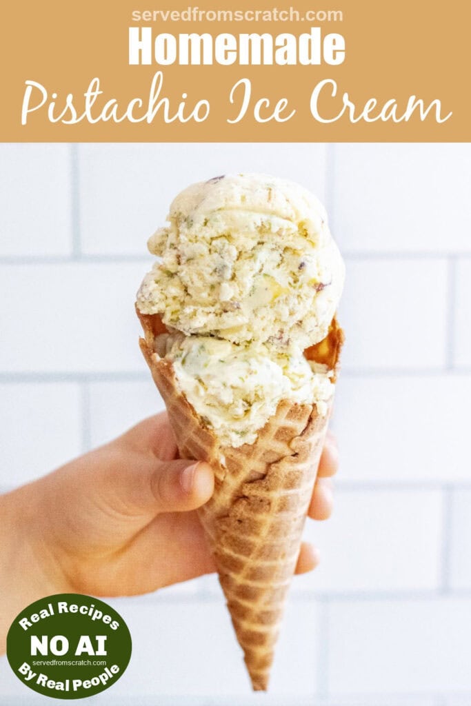 a hand holding an ice cream cone of pistachio ice cream and Pinterest pin text with NO AI sticker.