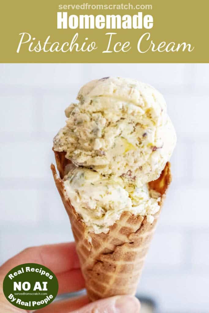 a hand holding an ice cream cone of pistachio ice cream and Pinterest pin text with NO AI sticker.