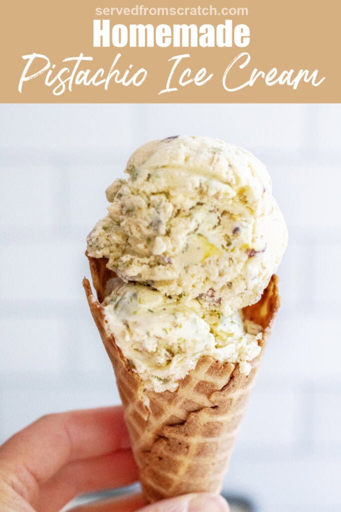 a hand holding an ice cream cone of pistachio ice cream with Pinterest pin text.