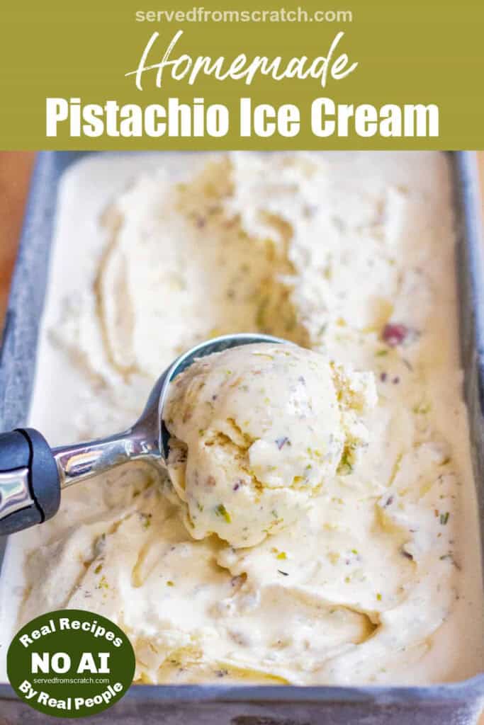 a scoop of pistachio ice cream and Pinterest pin text with NO AI sticker.