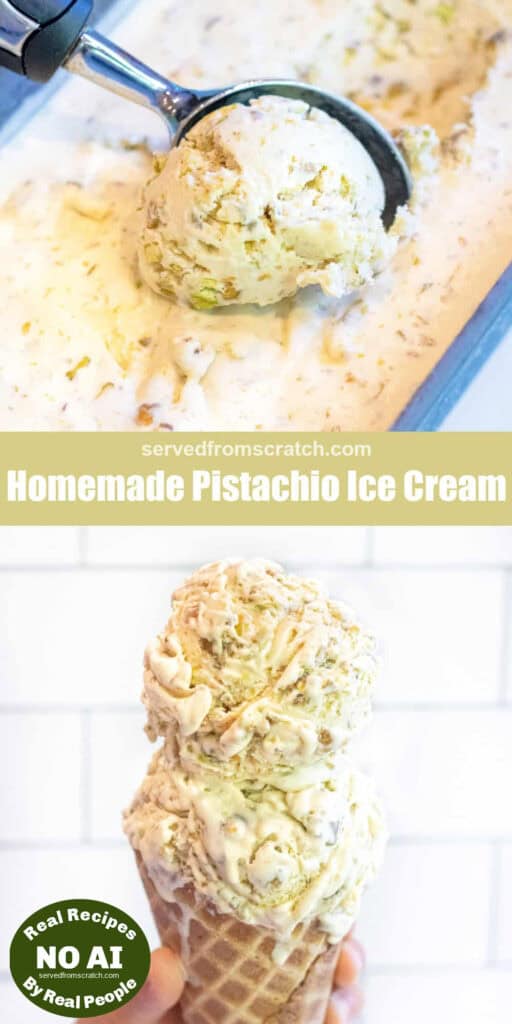 a scoop of ice cream Pinterest pin text, and a hand holding an ice cream cone of pistachio ice cream with NO AI sticker.