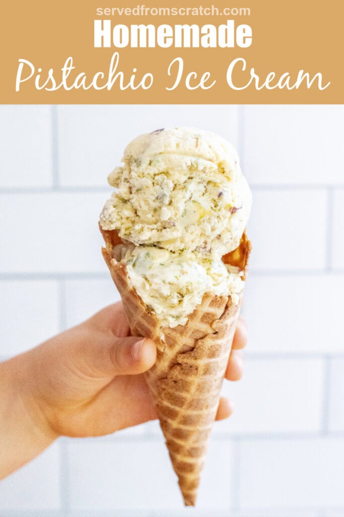 a hand holding an ice cream cone of pistachio ice cream with Pinterest pin text.