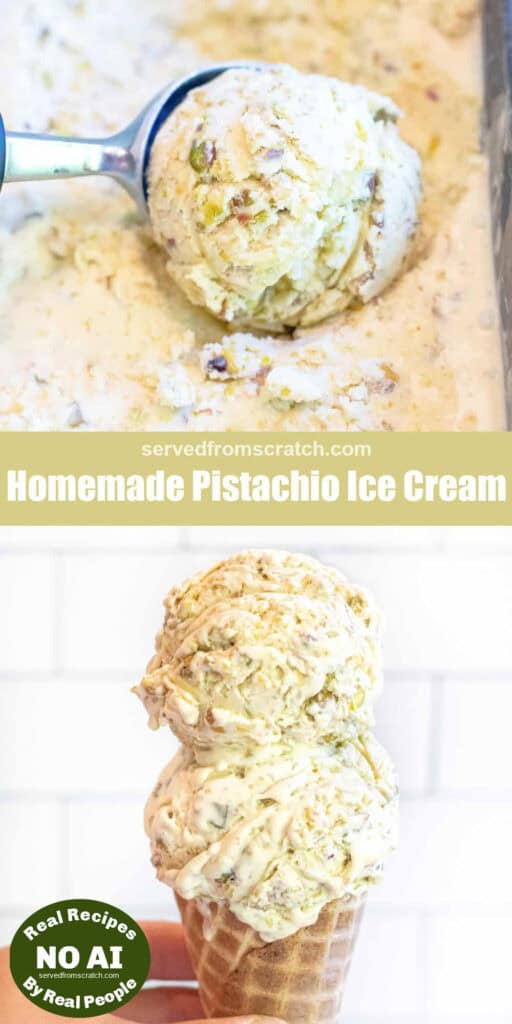 a scoop of ice cream Pinterest pin text, and a hand holding an ice cream cone of pistachio ice cream with NO AI sticker.