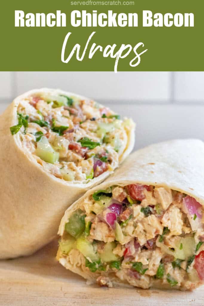 a halved sandwich wrap stuffed with greens and chicken and bacon with Pinterest pin text.