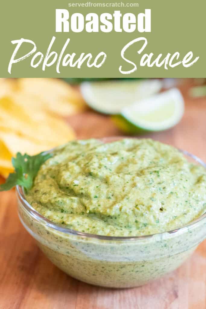 a bowl of poblano sauce with Pinterest pin text.