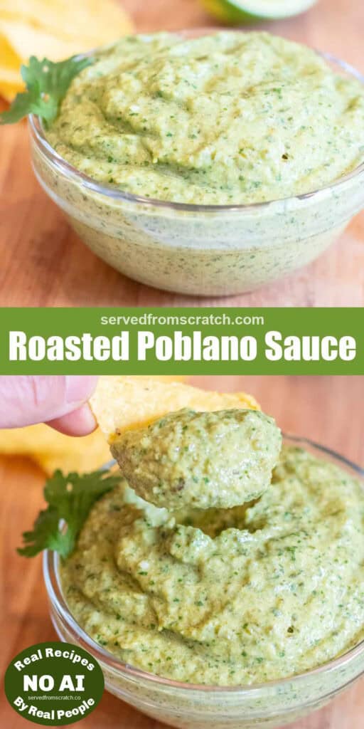 a bowl of poblano sauce with a chip being dipped in with Pinterest pin text with NO AI sticker.