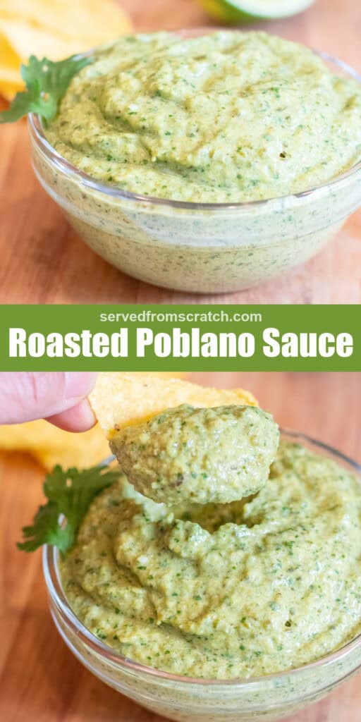 a bowl of poblano sauce with a chip being dipped in with Pinterest pin text.