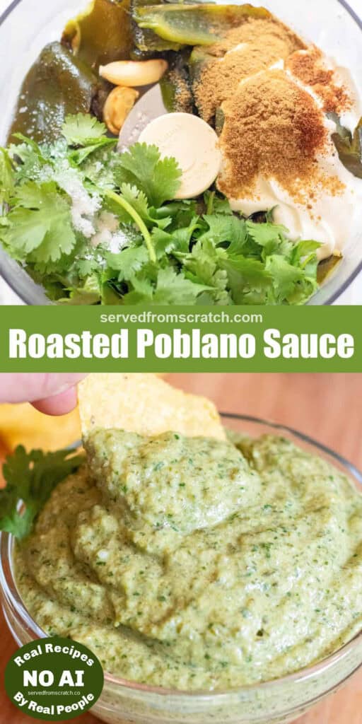 a food processor with roasted poblanos, cilantro, spices, sour cream, and then a bowl of blended poblano sauce with a chip in it with NO AI sticker.