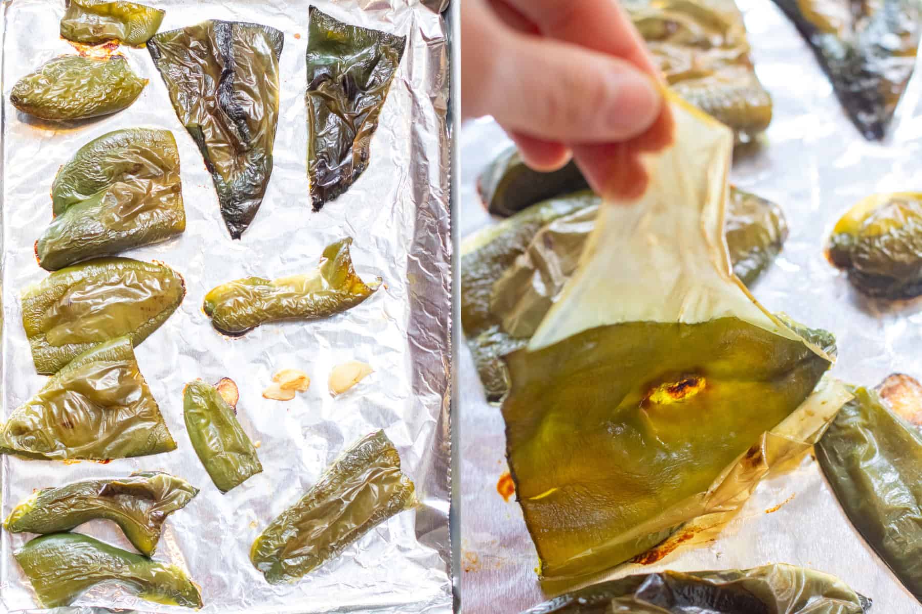 a pan of roasted poblanos and then a hand pulling the skin off.