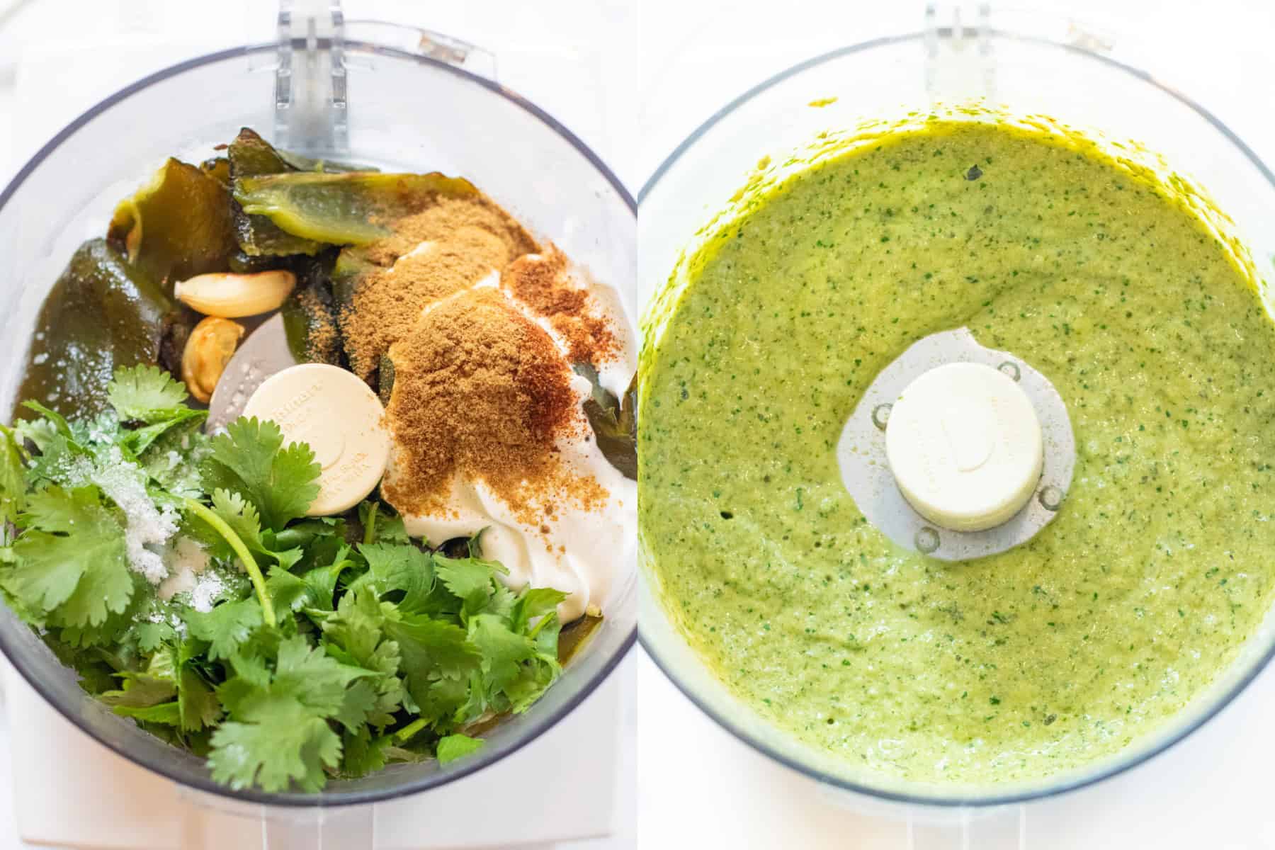 two pictures of a bowl of a food processor, one with roasted poblanos, spices, cilantro, sour cream and then the next with it all blended together. 