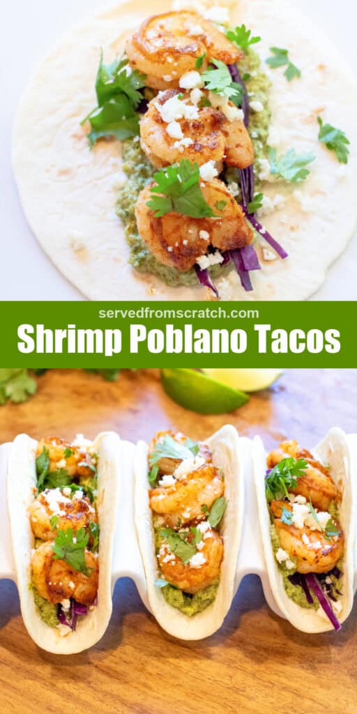 a flat shrimp taco with cilantro and cotija, Pinterest pin text, and a holder with three shrimp tacos.