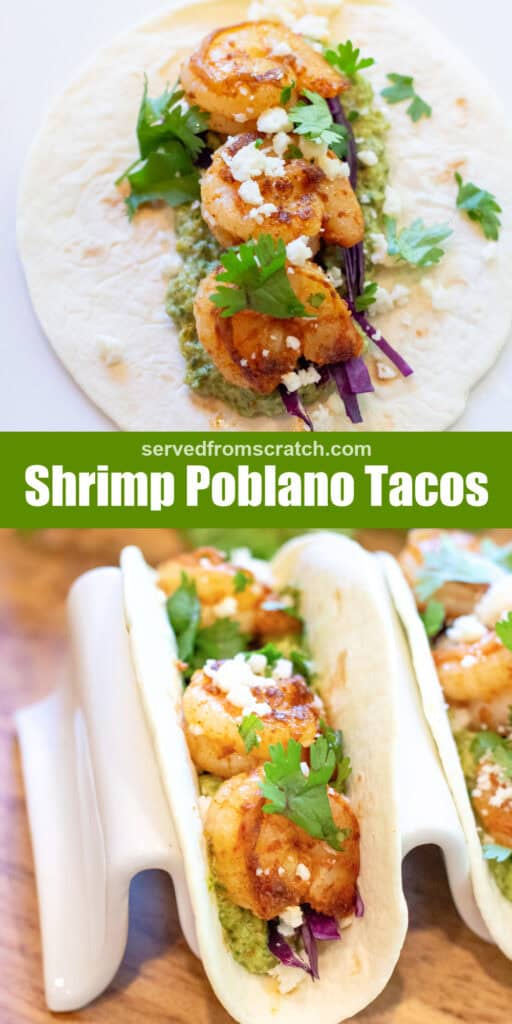 a flat shrimp taco with cilantro and cotija, Pinterest pin text, and a holder with two shrimp tacos.