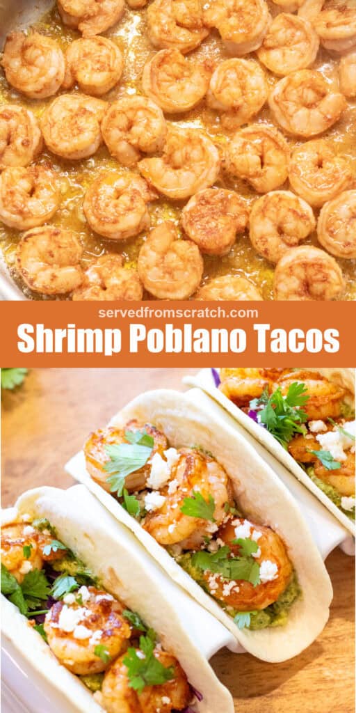 a pan of cooked shrimp with Pinterest pin text and shrimp tacos in a holder.