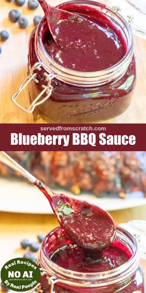 an open mason jar with a spoon and blueberry bbq sauce with Pinterest pin text with NO AI sticker.