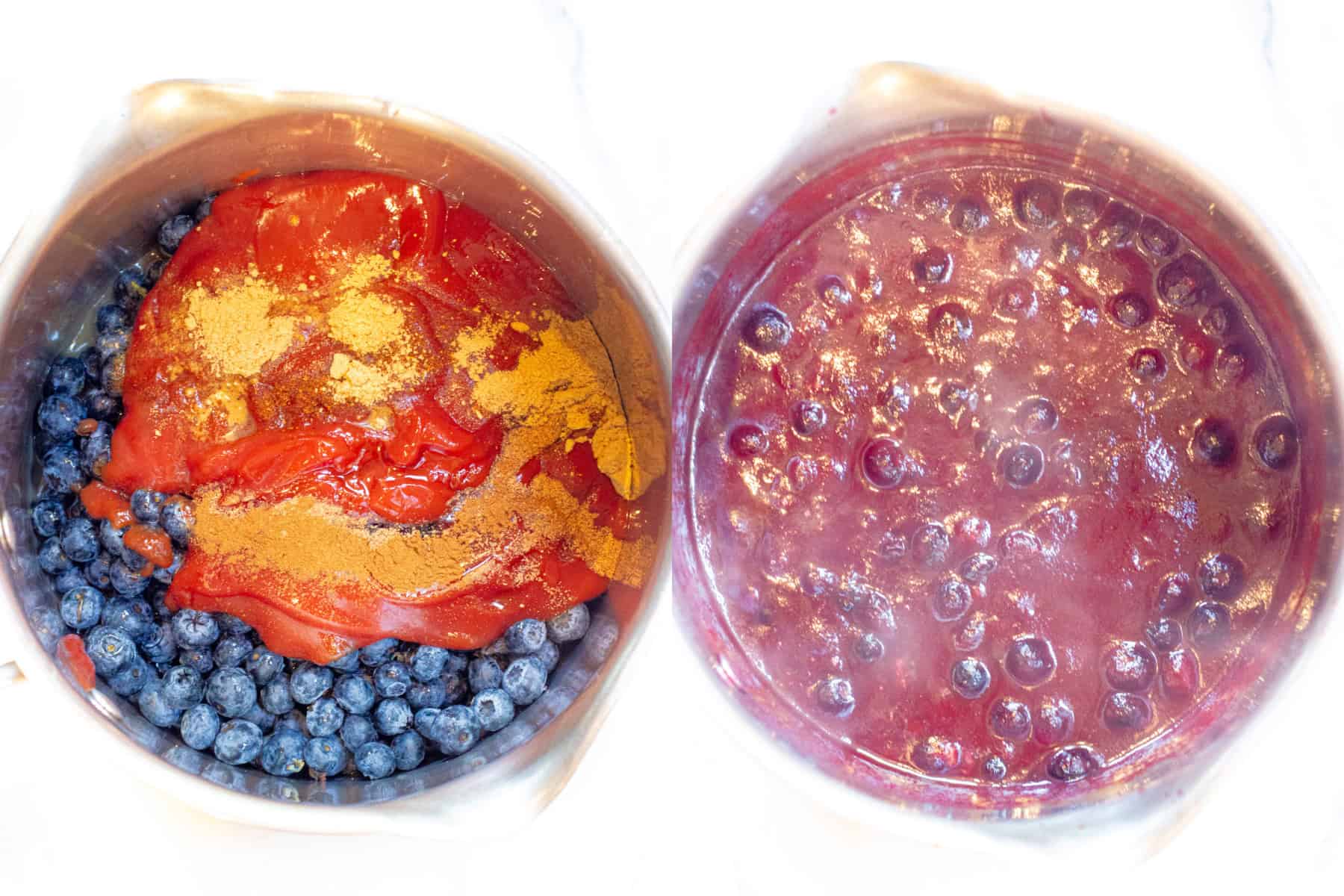 two pots one with blueberries, ketchup, spices, and then it all cooked down.
