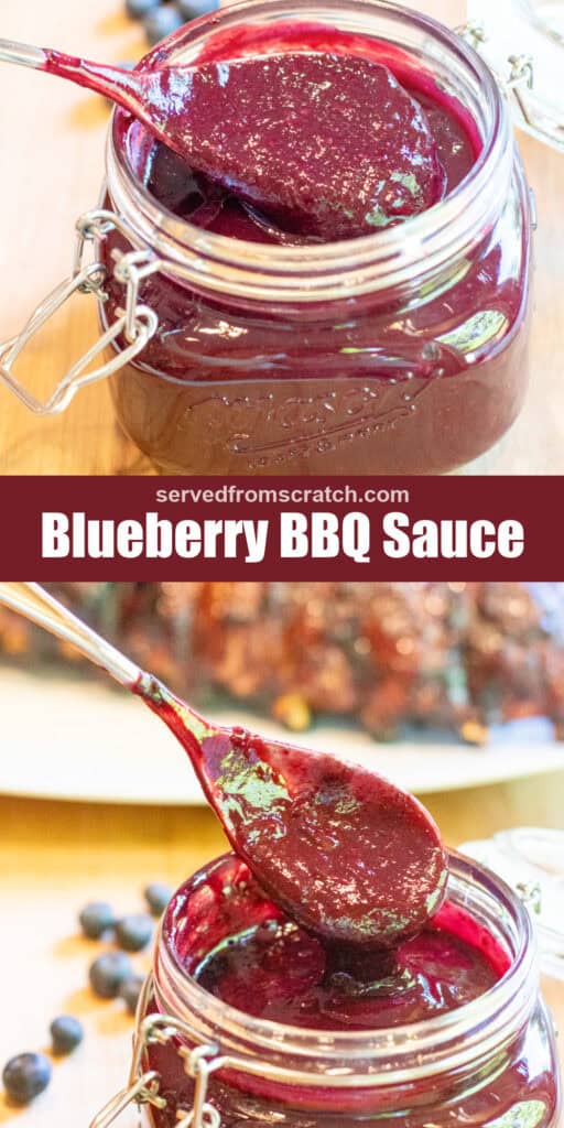 an open mason jar with a spoon and blueberry bbq sauce with Pinterest pin text.