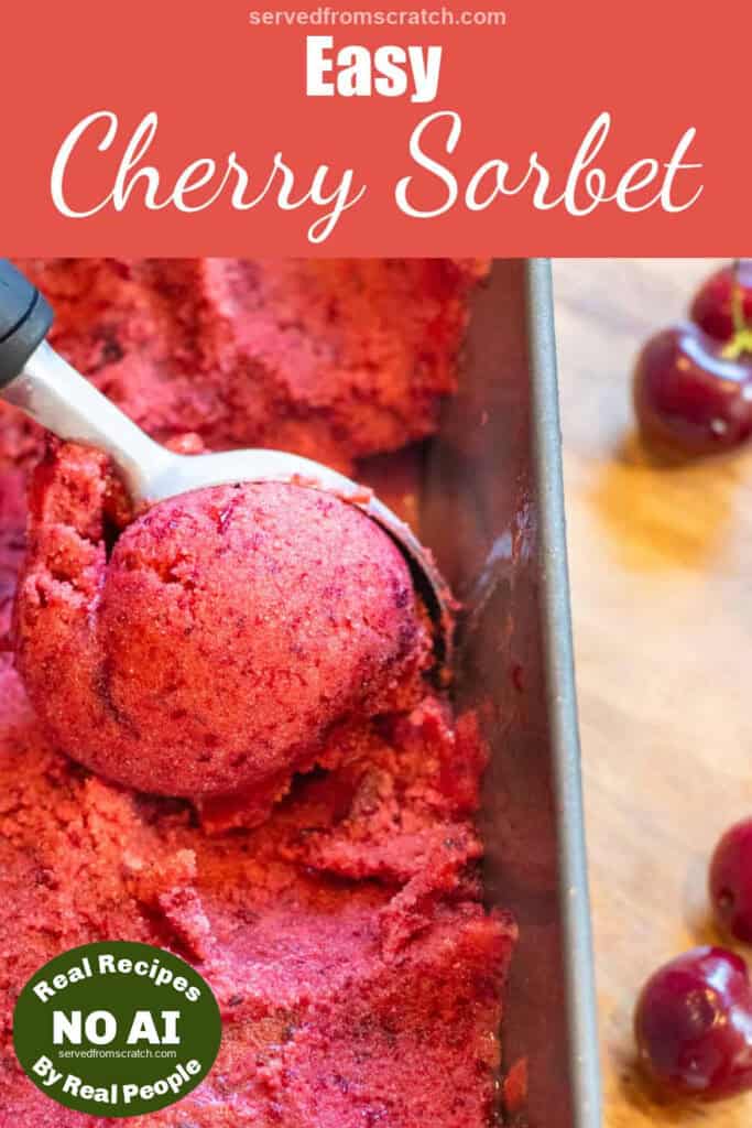 an ice cream scoop, scooping cherry sorbet from a loaf pan with Pinterest pin text and a NO AI sticker.
