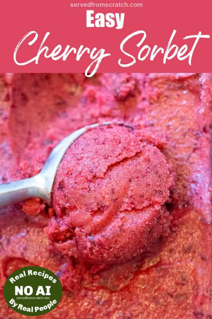 an ice cream scoop, scooping cherry sorbet from a loaf pan with Pinterest pin text and a NO AI sticker.