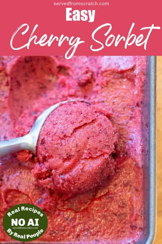an ice cream scoop, scooping cherry sorbet from a loaf pan with Pinterest pin text and a NO AI sticker.