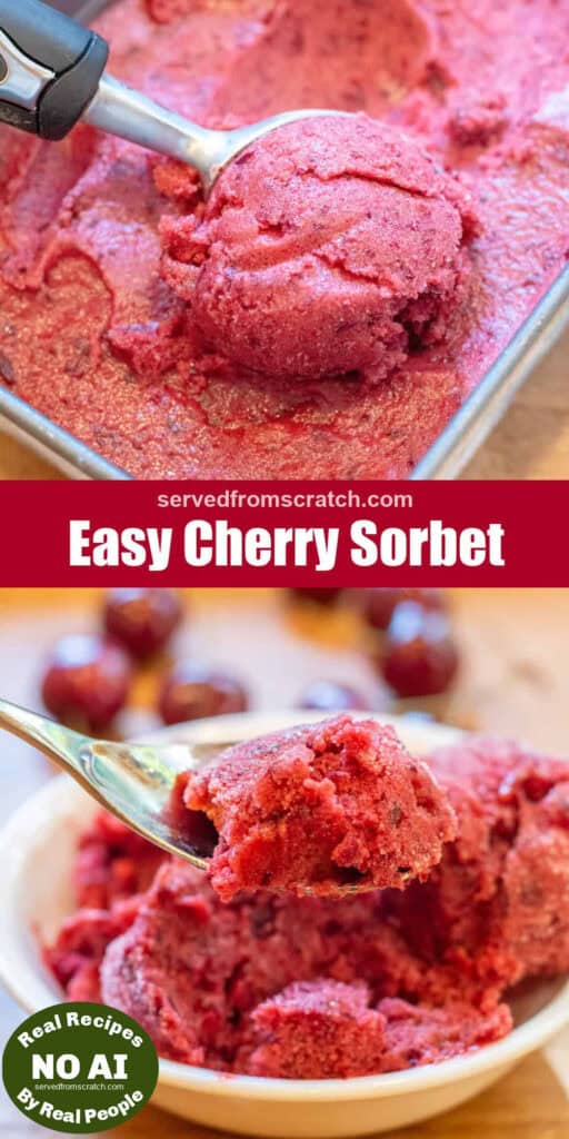 an ice cream scoop, scooping cherry sorbet from a loaf pan with Pinterest pin text and a NO AI sticker and a bowl of sorbet with a spoon and spoonful of the sorbet.