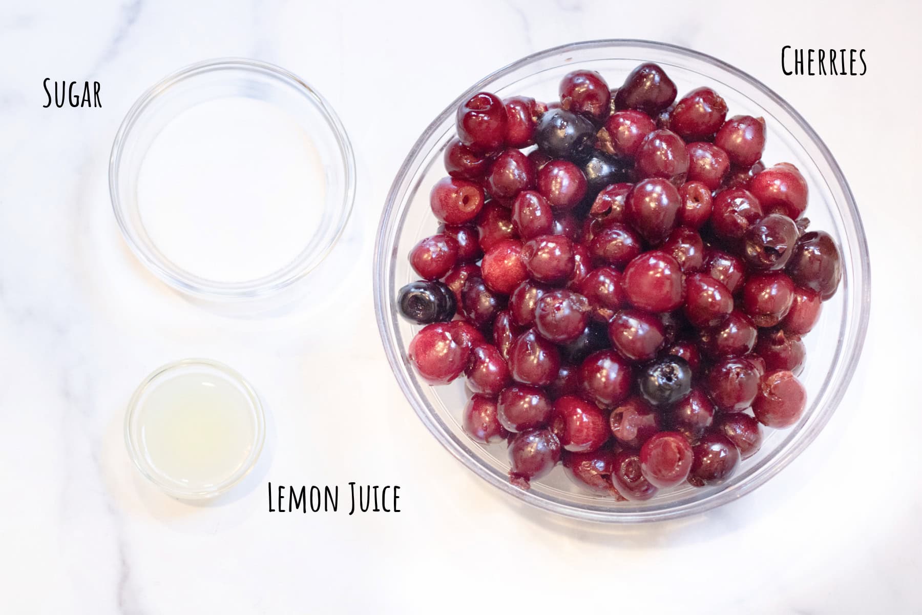 a bowl of cherries, sugar, and lemon juice labeled.