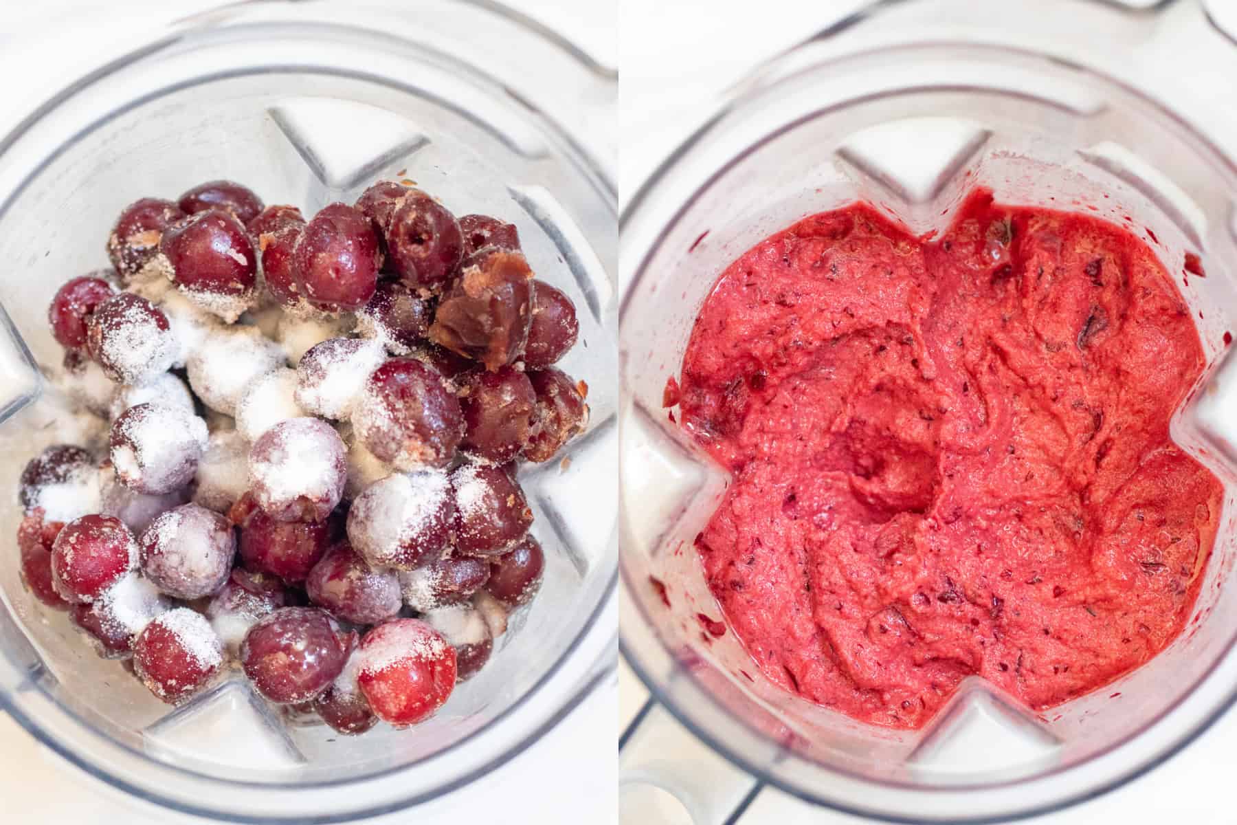 two blenders, one with cherries and sugar and then it all blended together.