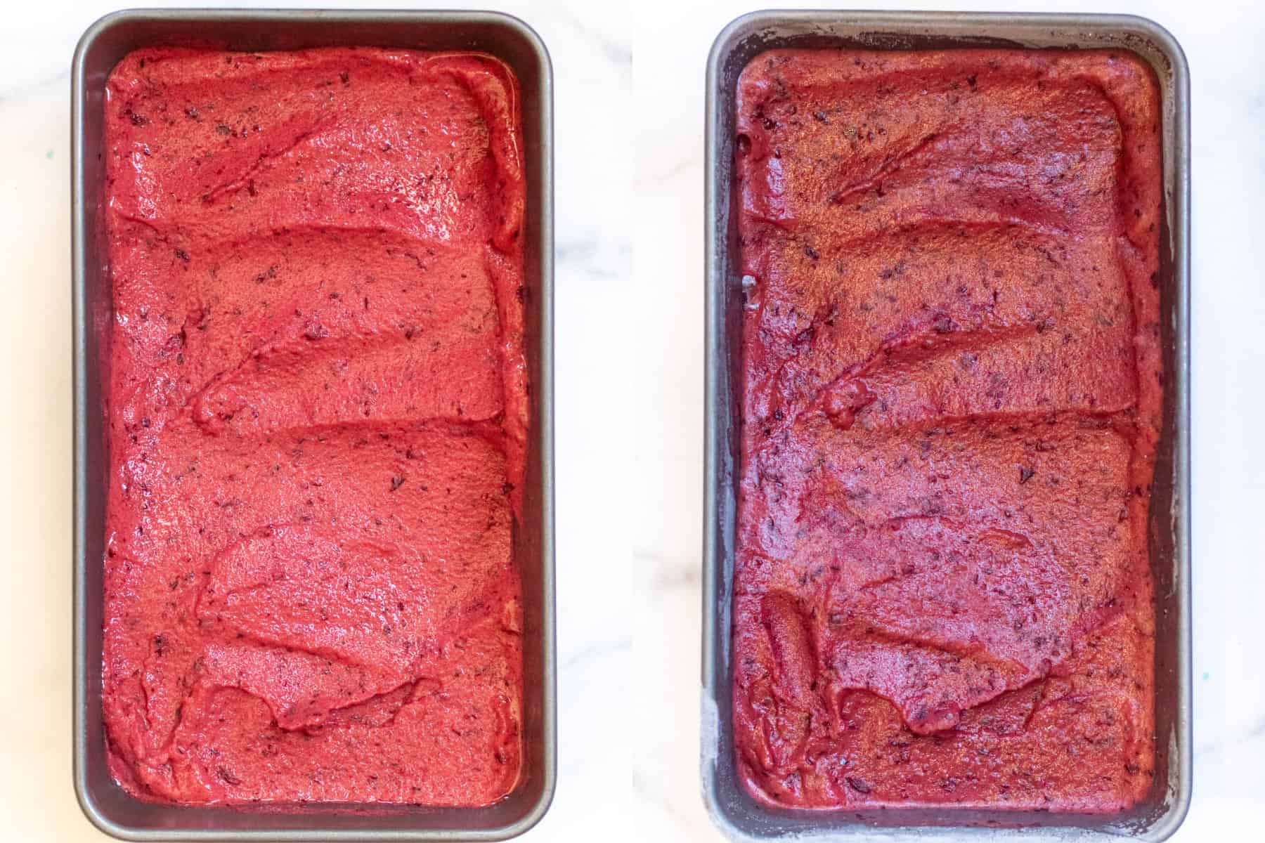 two loaf pans one with cherry sorbet before freezing and one after freezing.