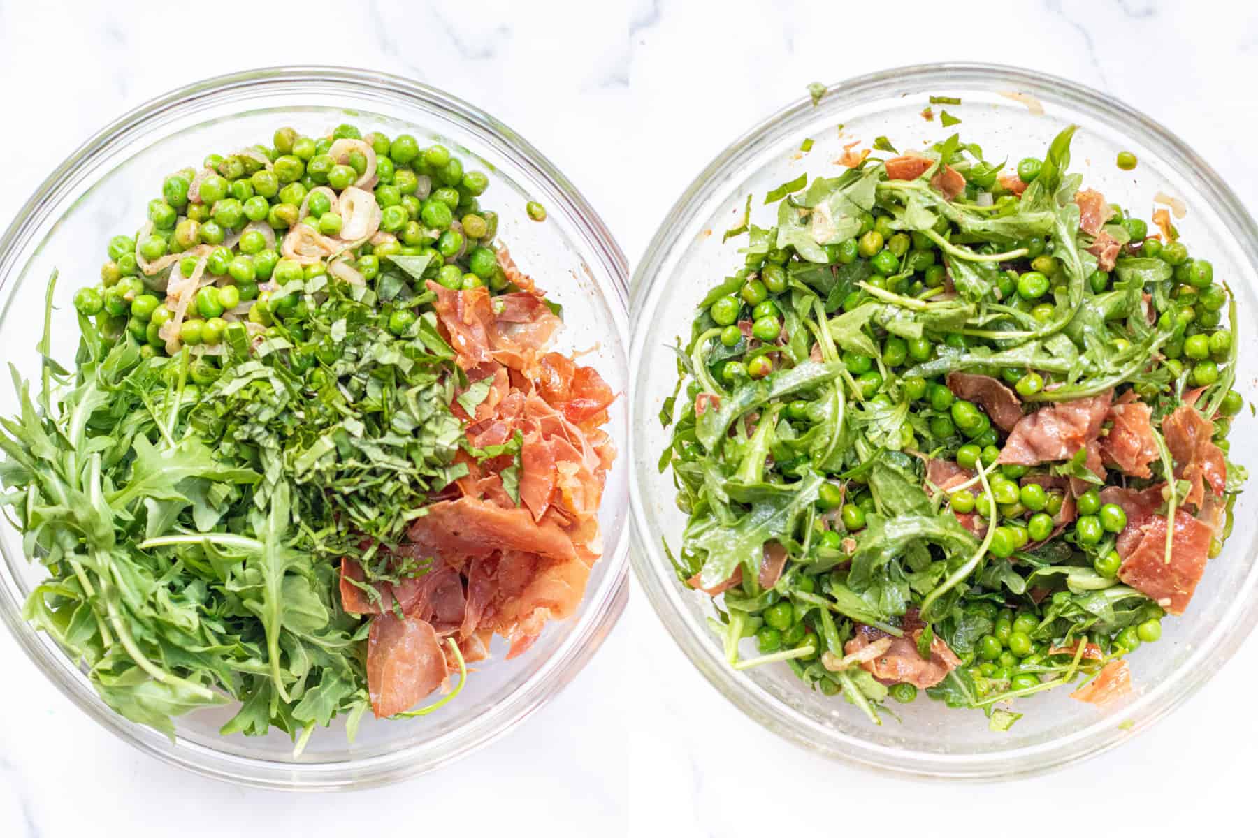 two bowls, one with arugula, peas, prosciutto, basil, and lemon zest and the second of it all mixed together. 